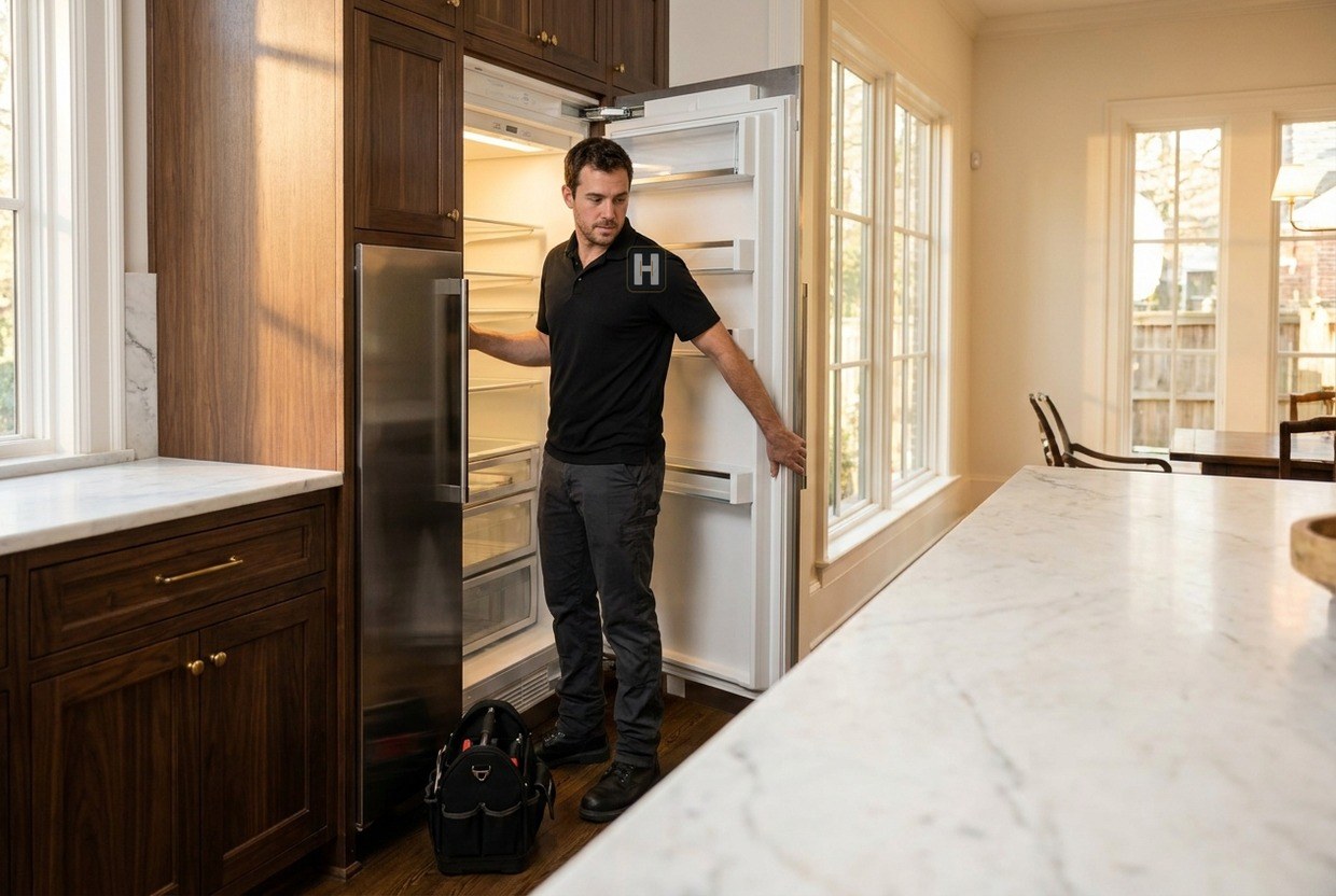 Technician servicing a built-in refrigerator column in an Atlanta luxury kitchen