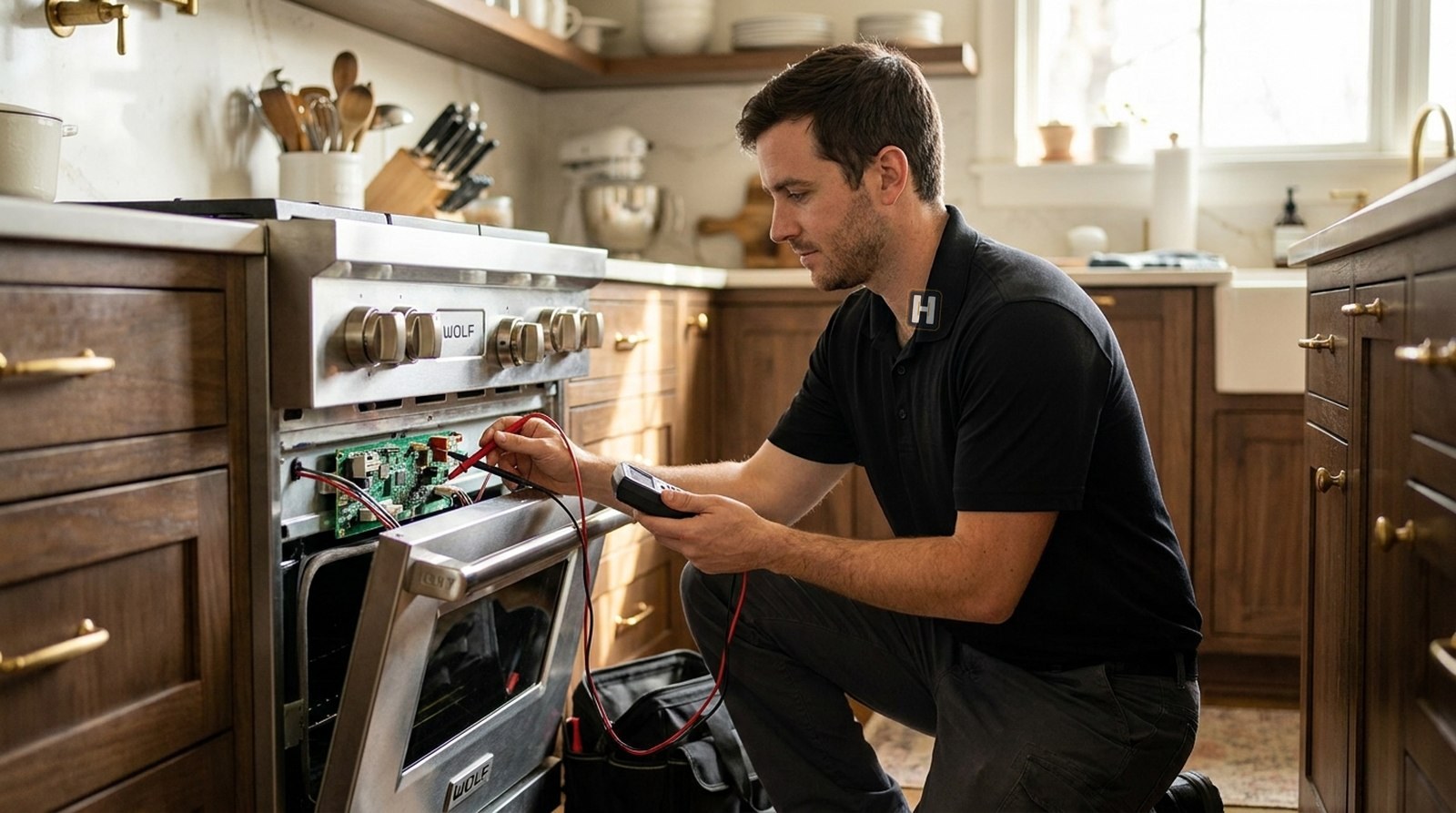 Technician diagnosing an appliance control board with a multimeter