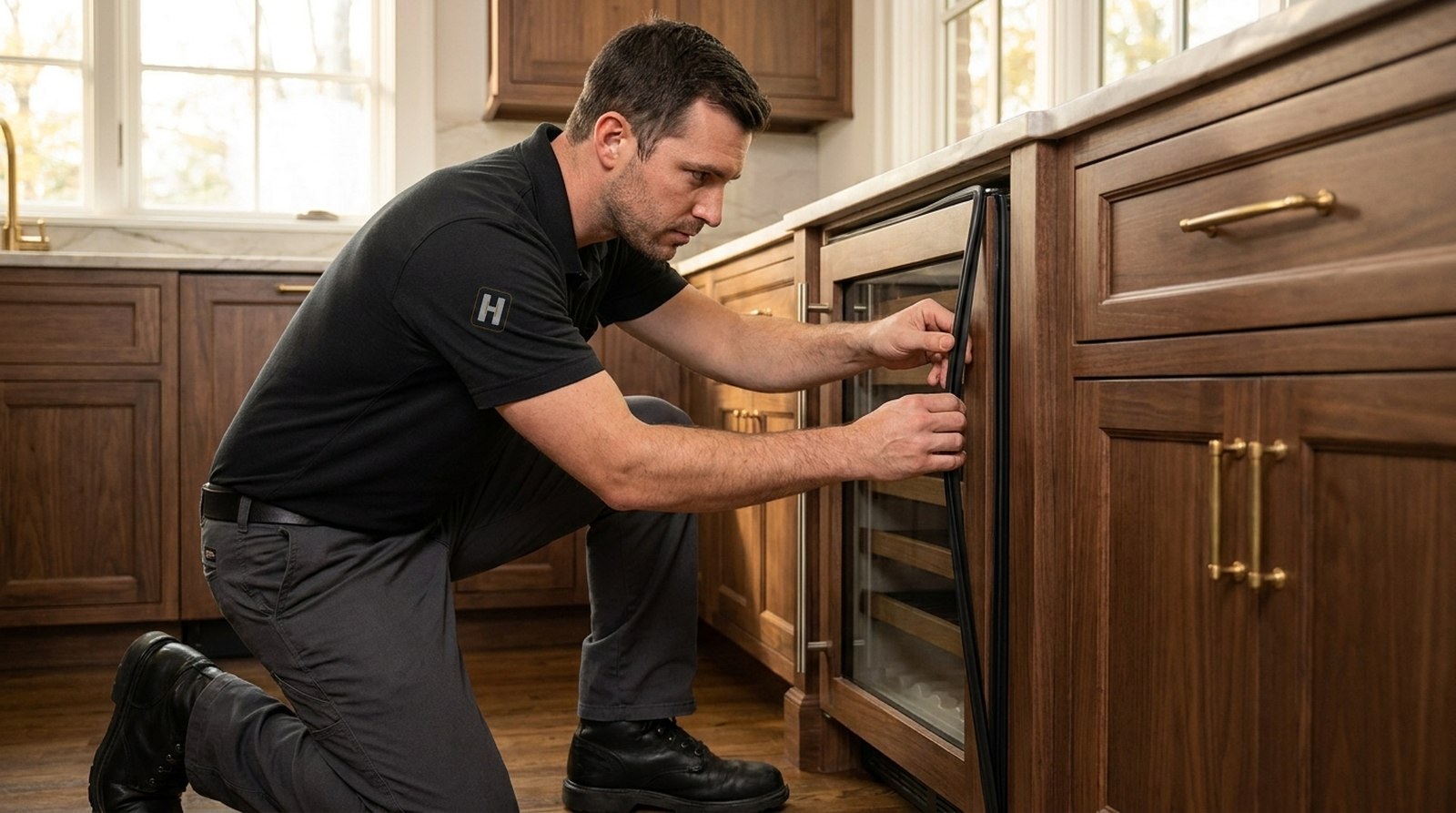 Technician fitting a new door gasket on a wine storage unit
