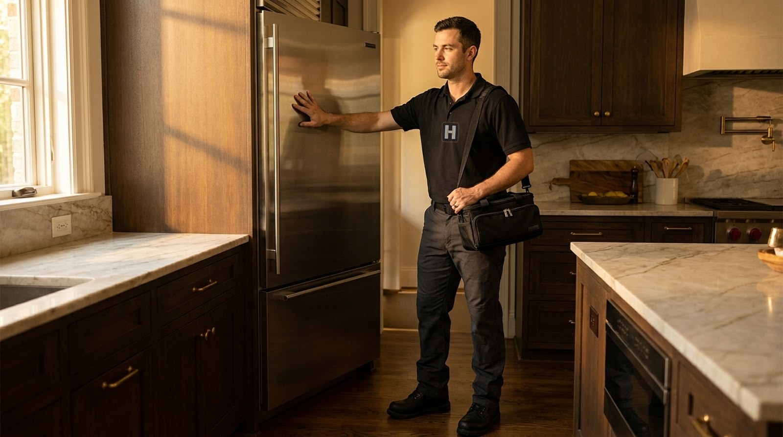 Technician finishing the job with the appliance tested and the kitchen left clean