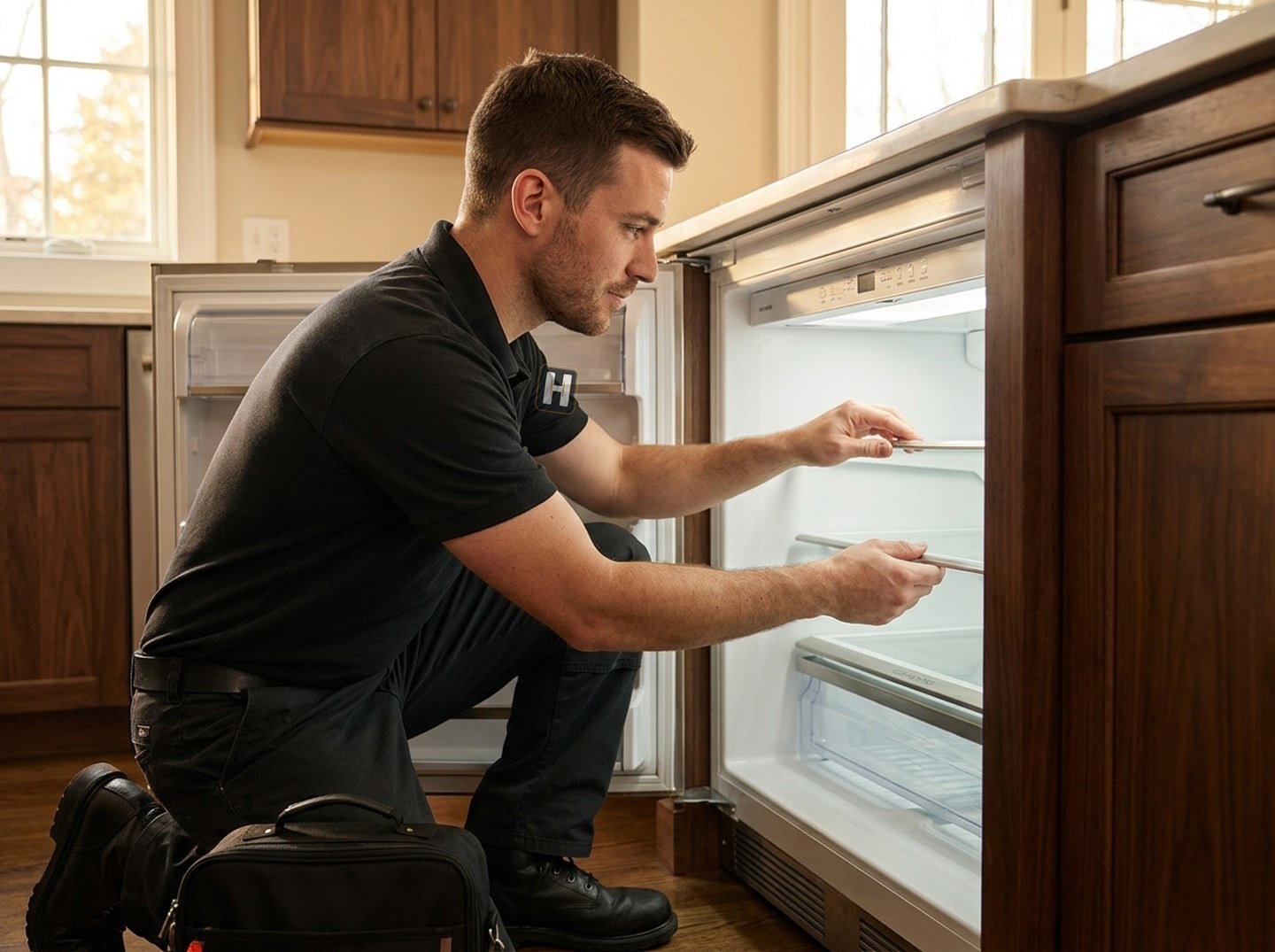 Experienced technician adjusting the shelving of a built-in refrigerator during a service visit